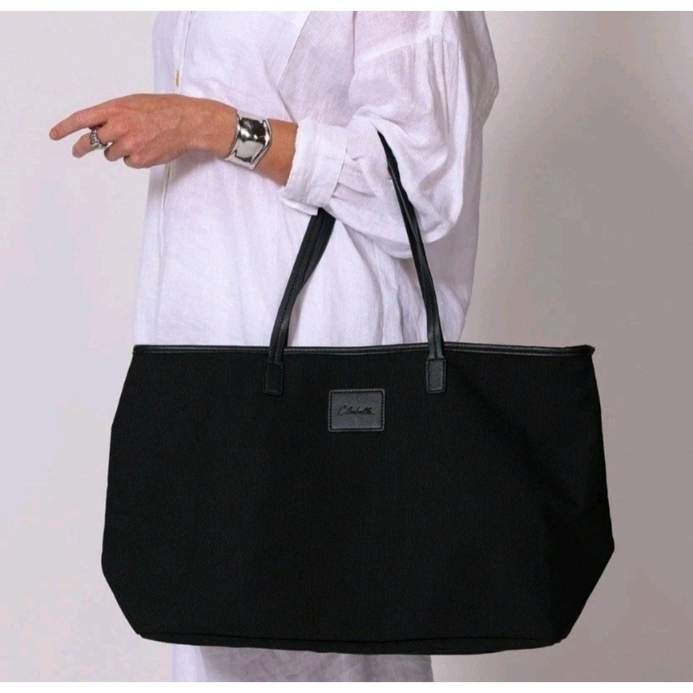Cleobella Tote Bag Black Canvas Leather Zip Top Shoulder Shopper Large Women